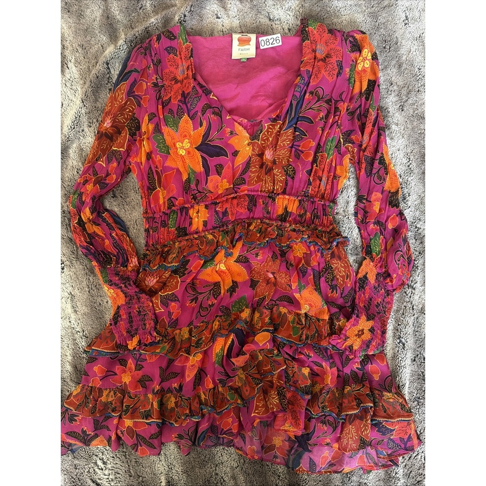 Farm Rio Long Sleeve Mini Dress Orange Pink Floral Tropical Size M READ